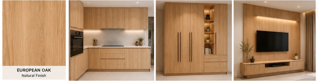 European Oak Natural Finish laminate — kitchen, wardrobe and TV unit applications