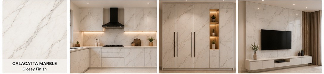 Calacatta Marble Glossy Finish laminate — kitchen, wardrobe and TV unit applications