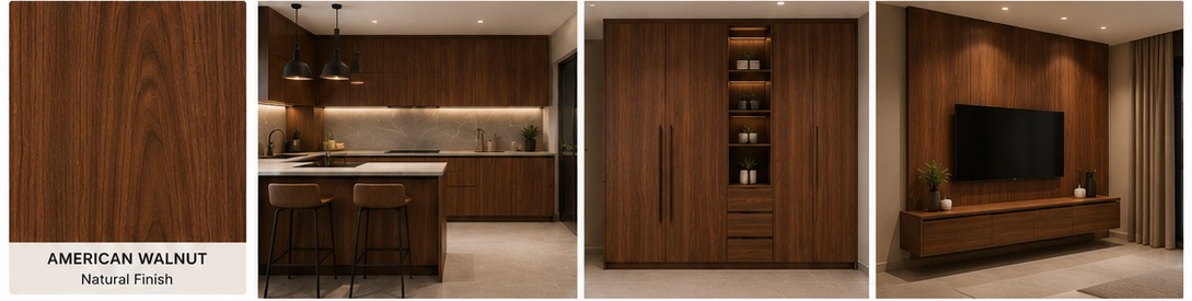 American Walnut Natural Finish laminate — kitchen, wardrobe and TV unit applications