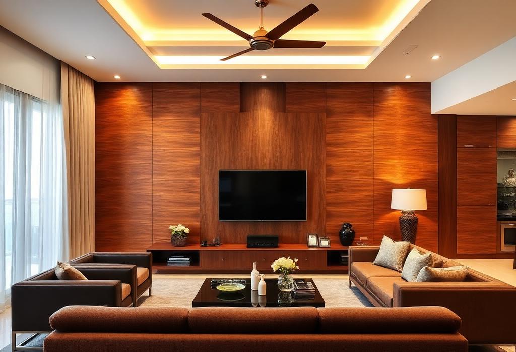 Teak Veneer — Living Room Feature Wall | Best veneer shops in Vijayawada